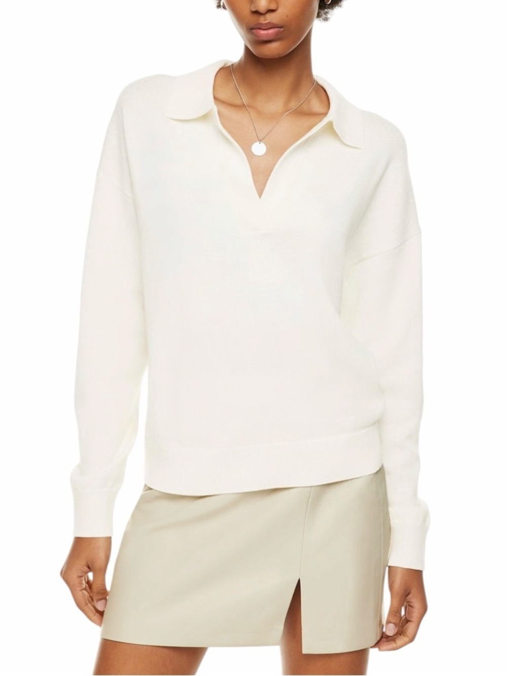 Aritzia Wilfred Clara Polo Sweater Cream Merino Wool Cotton Blend Sz S